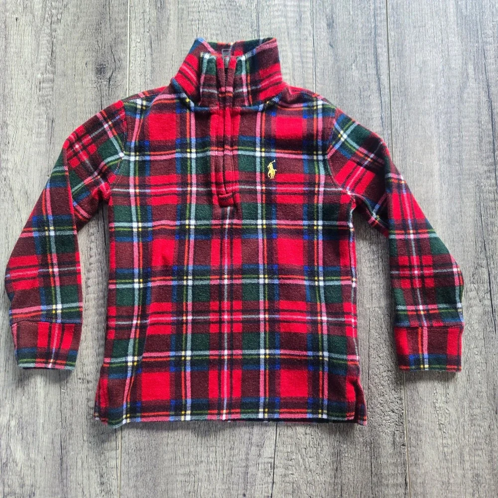 Polo Ralph Lauren Toddler Boys Red Tartan Plaid Quarter Zip Pullover Size 2T